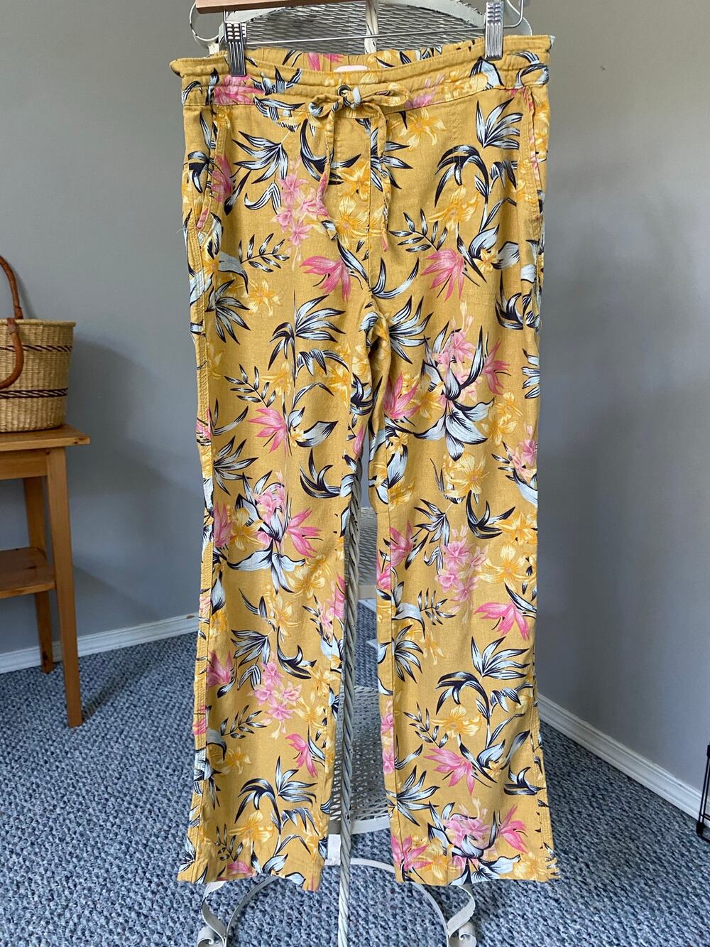 Per Se Pant Tropical Floral Linen Blend Drawstring Front Back Pockets Medium